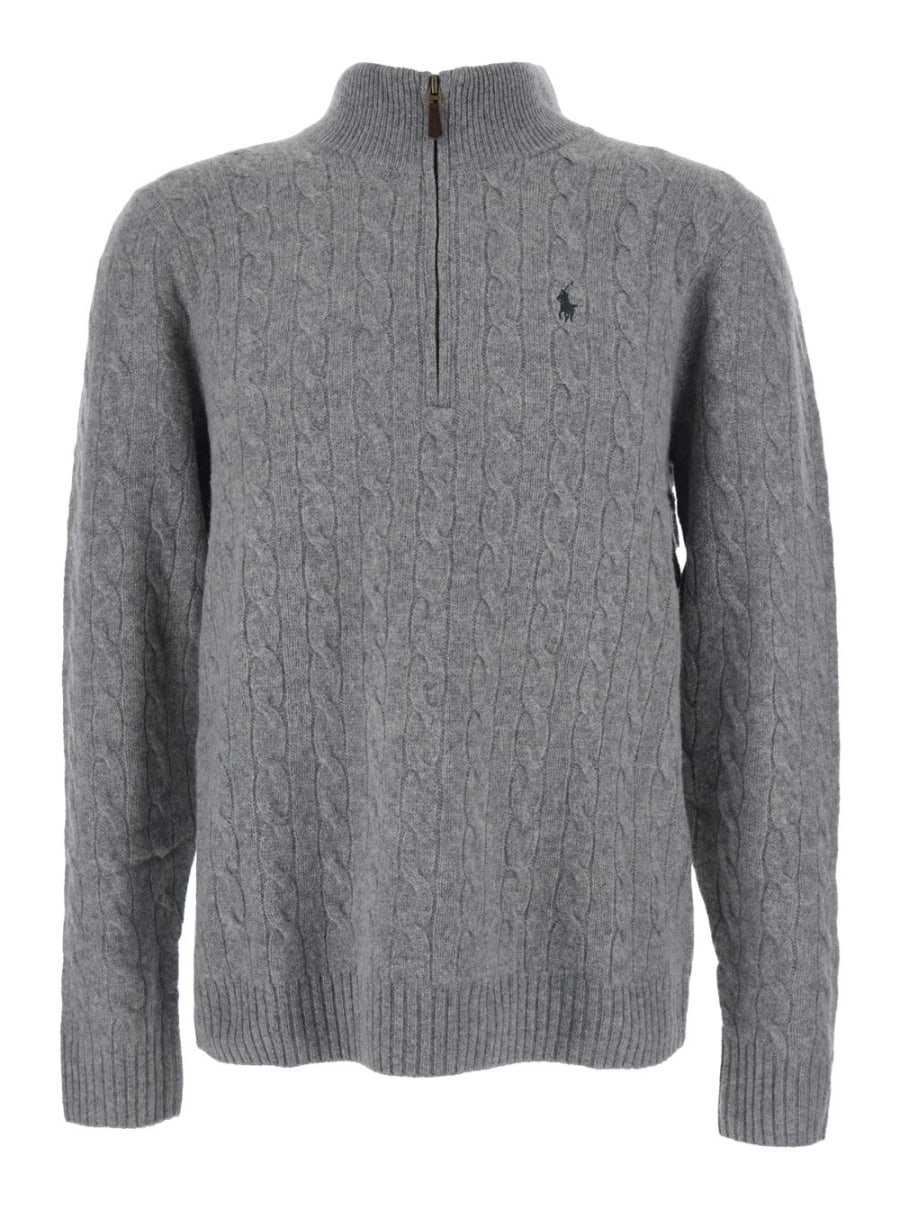 Polo Ralph Lauren Maglione a Collo Alto con Ricamo Cavallino sul Fronte e Chiusura con Mezza Zip in Lana e Cashmere Grigio Uomo