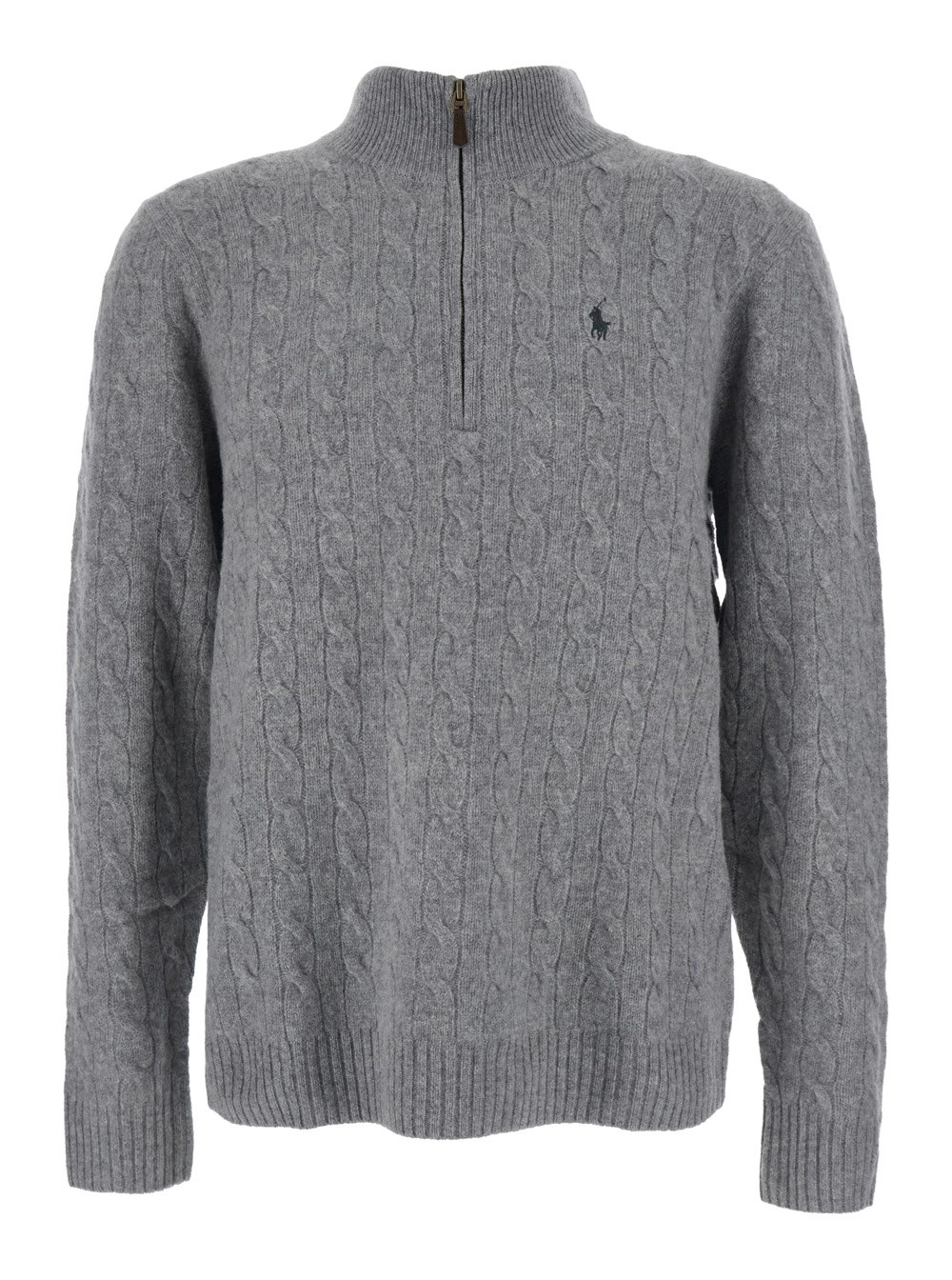 Polo Ralph Lauren Maglione a Collo Alto con Ricamo Cavallino sul Fronte e Chiusura con Mezza Zip in Lana e Cashmere Grigio Uomo