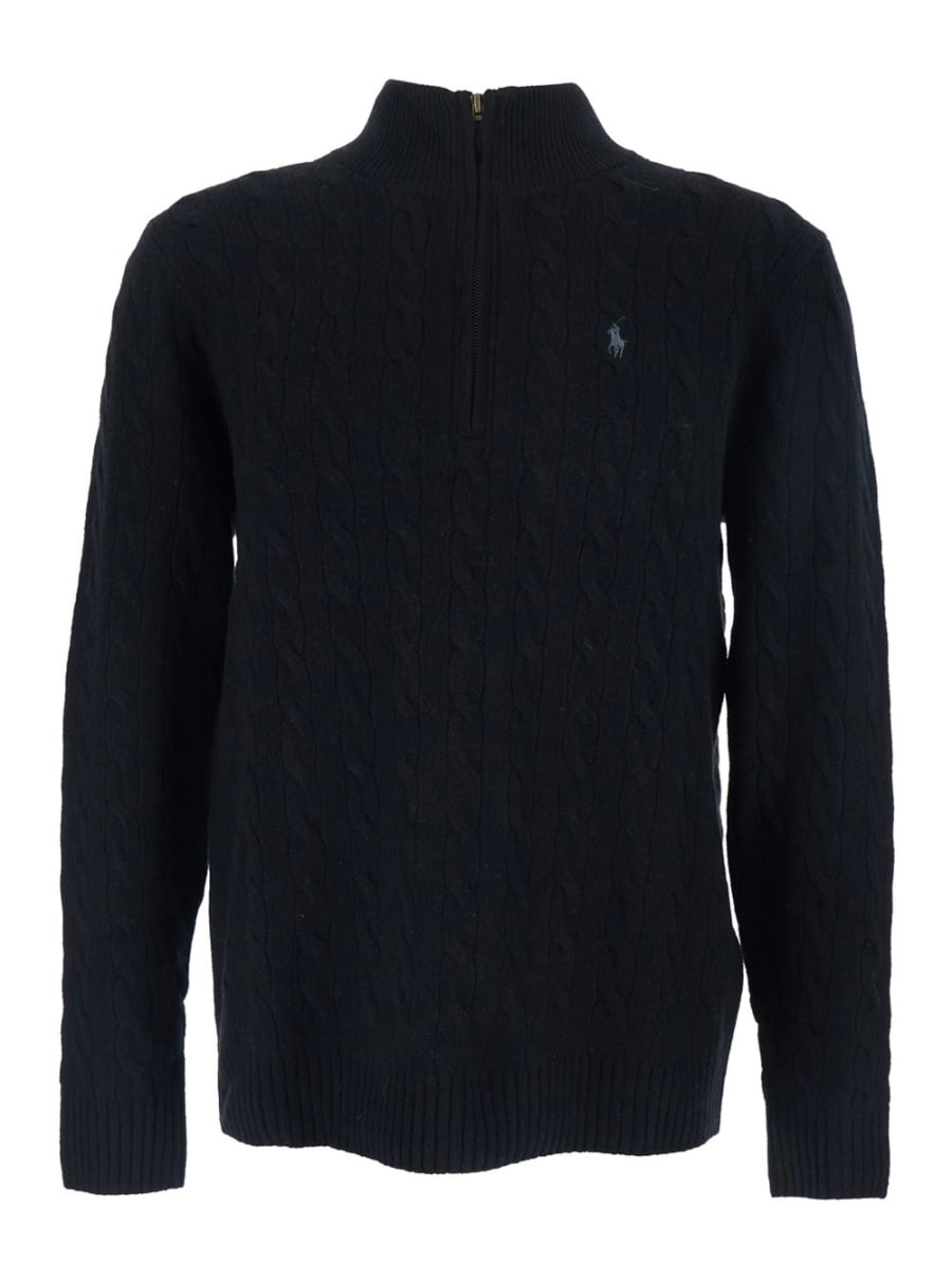 Polo Ralph Lauren Maglione a Collo Alto con Ricamo Cavallino sul Fronte e Chiusura con Mezza Zip in Lana e Cashmere Nero Uomo