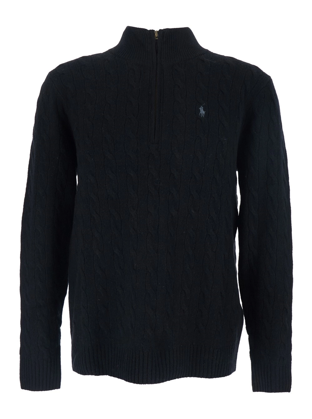 Polo Ralph Lauren Maglione a Collo Alto con Ricamo Cavallino sul Fronte e Chiusura con Mezza Zip in Lana e Cashmere Nero Uomo
