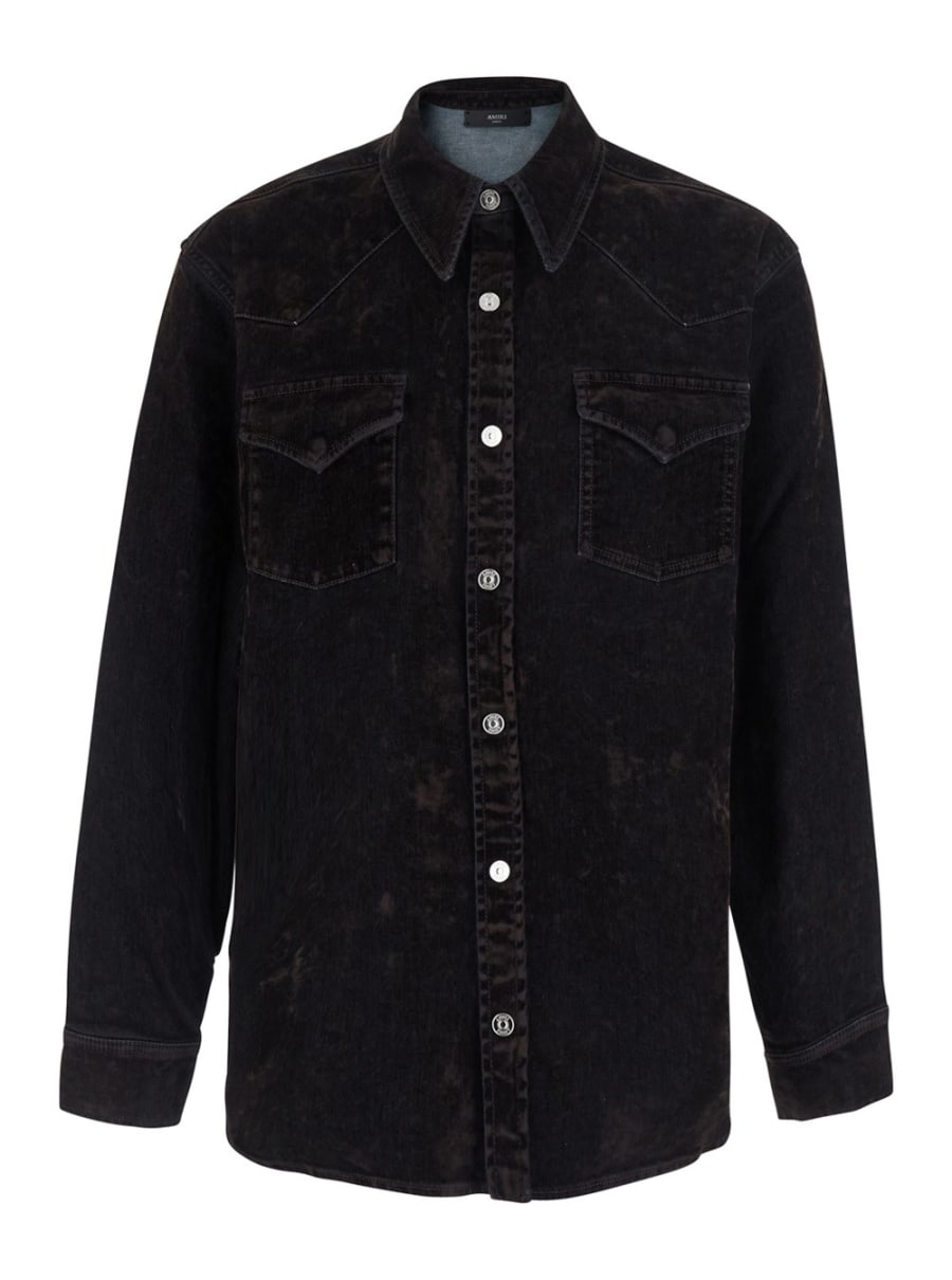 Amiri Camicia in denim con patch e colletto classico, in cotone, marrone, uomo