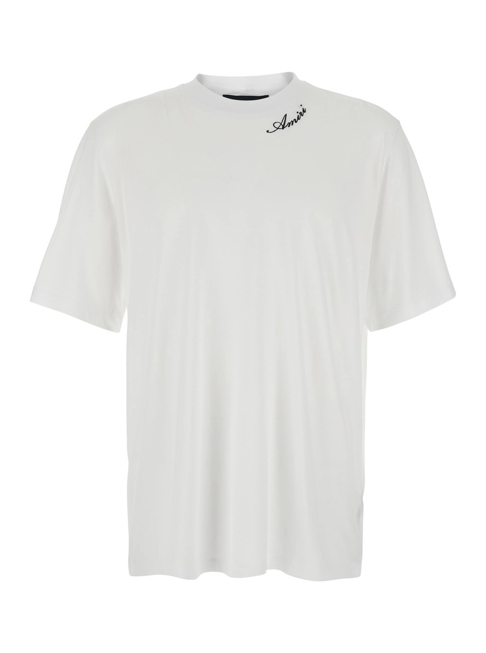 Amiri T-shirt girocollo con maniche corte ampie e ricamo logo lettering sul collo in tessuto tecnico bianca uomo