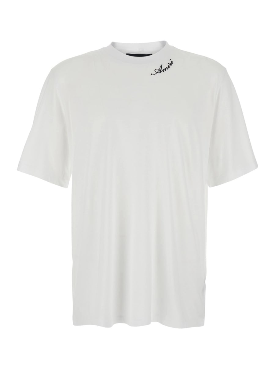 Amiri T-shirt girocollo con maniche corte ampie e ricamo logo lettering sul collo in tessuto tecnico bianca uomo