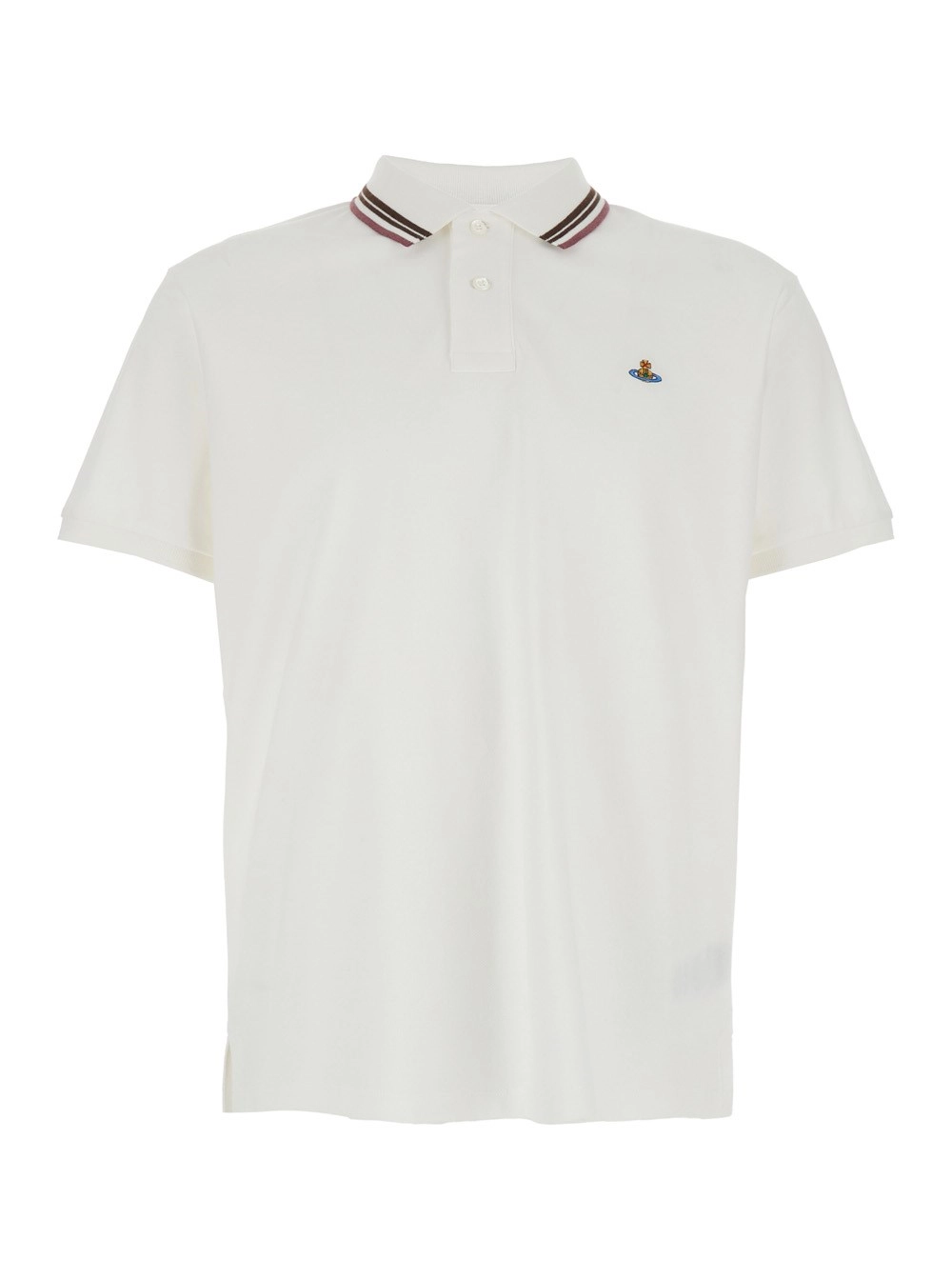 Vivienne Westwood Polo con Colletto Classico con Dettaglio a Righe e Ricamo Orb sul Fronte in Cotone Bianca Uomo