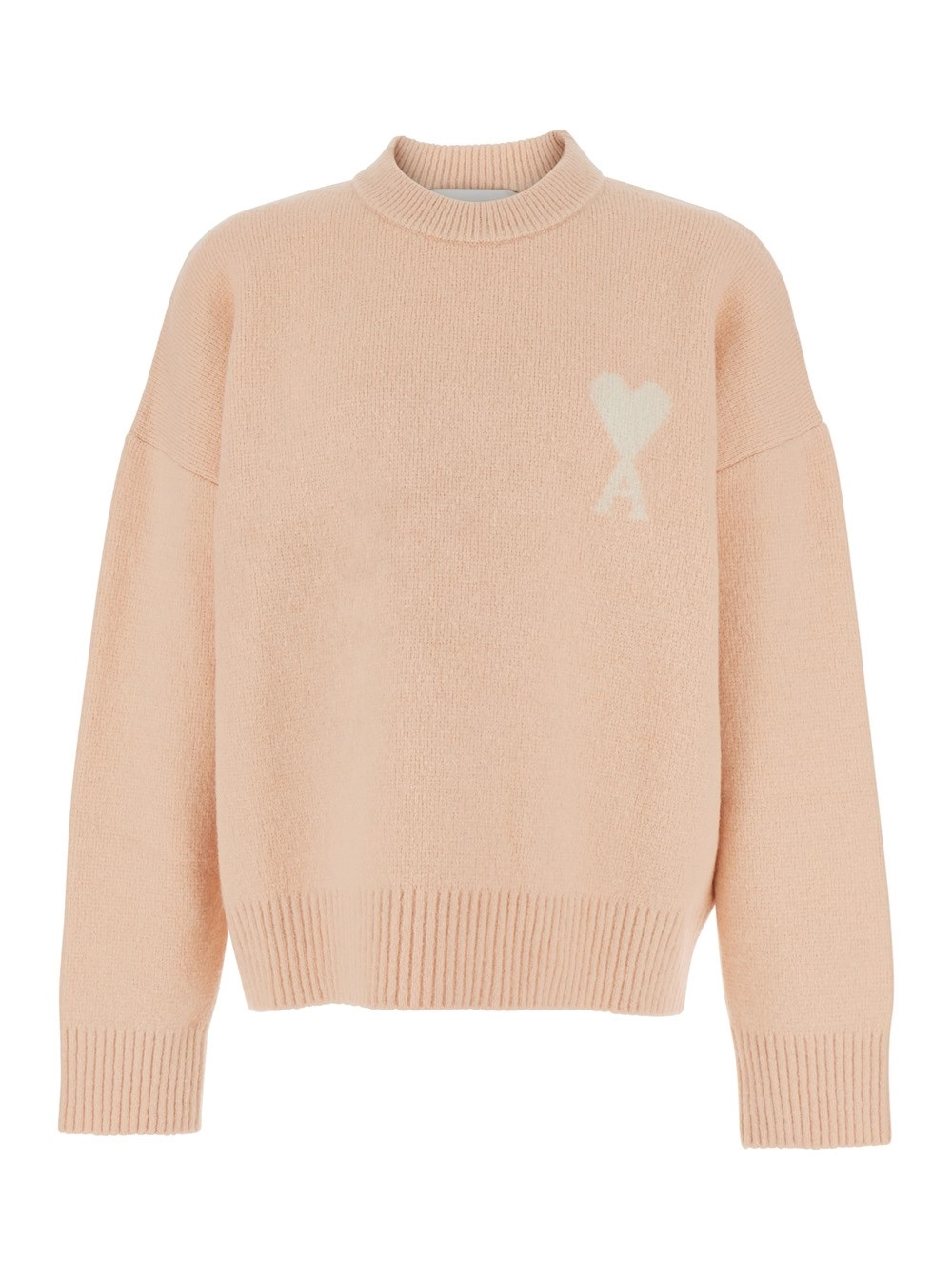 AMI Paris Maglione Girocollo con Spalle Scese e Ricamo ADC sul Fronte in Misto Lana Rosa Uomo