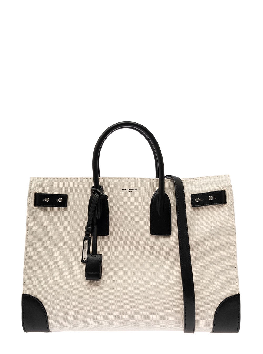 Saint Laurent Borsa Tote 'Sac de Jour L' con Logo e Lucchetto in Canvas e Pelle Beige Uomo