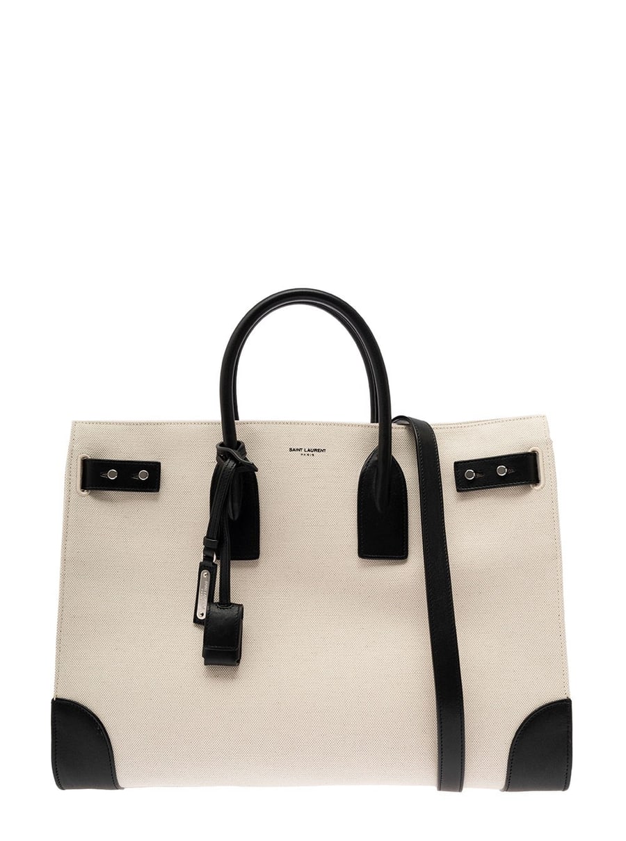 Saint Laurent Borsa Tote 'Sac de Jour L' con Logo e Lucchetto in Canvas e Pelle Beige Uomo