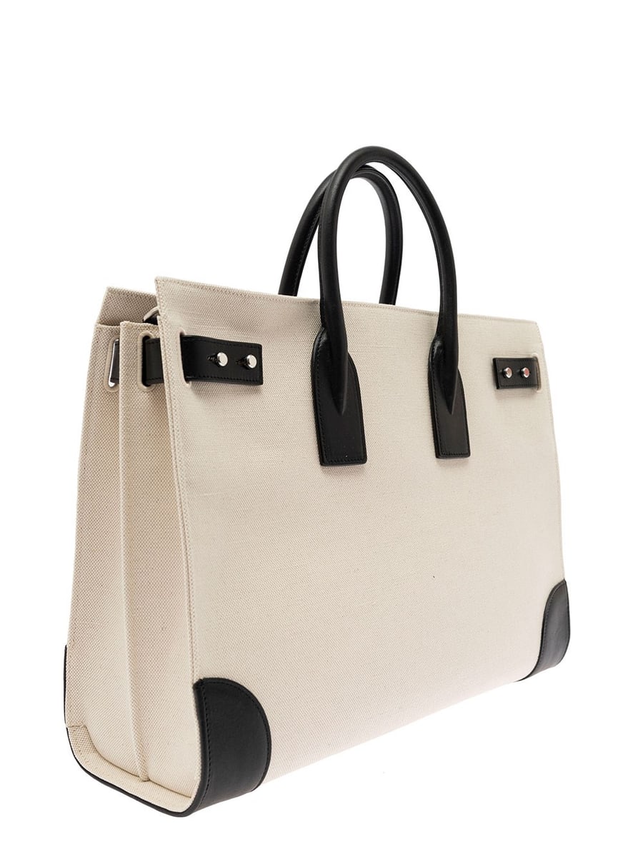 Saint Laurent Borsa Tote 'Sac de Jour L' con Logo e Lucchetto in Canvas e Pelle Beige Uomo, view 2