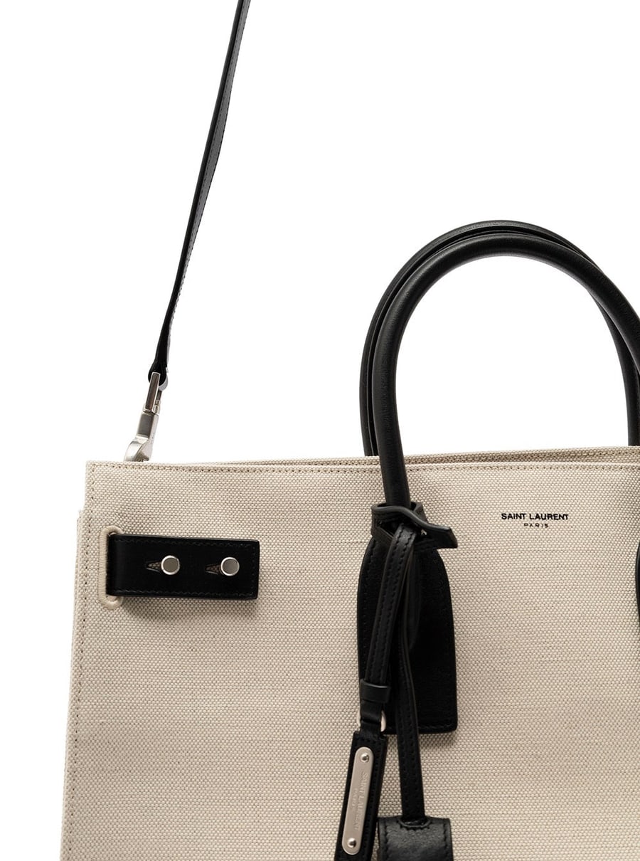 Saint Laurent Borsa Tote 'Sac de Jour L' con Logo e Lucchetto in Canvas e Pelle Beige Uomo, view 3