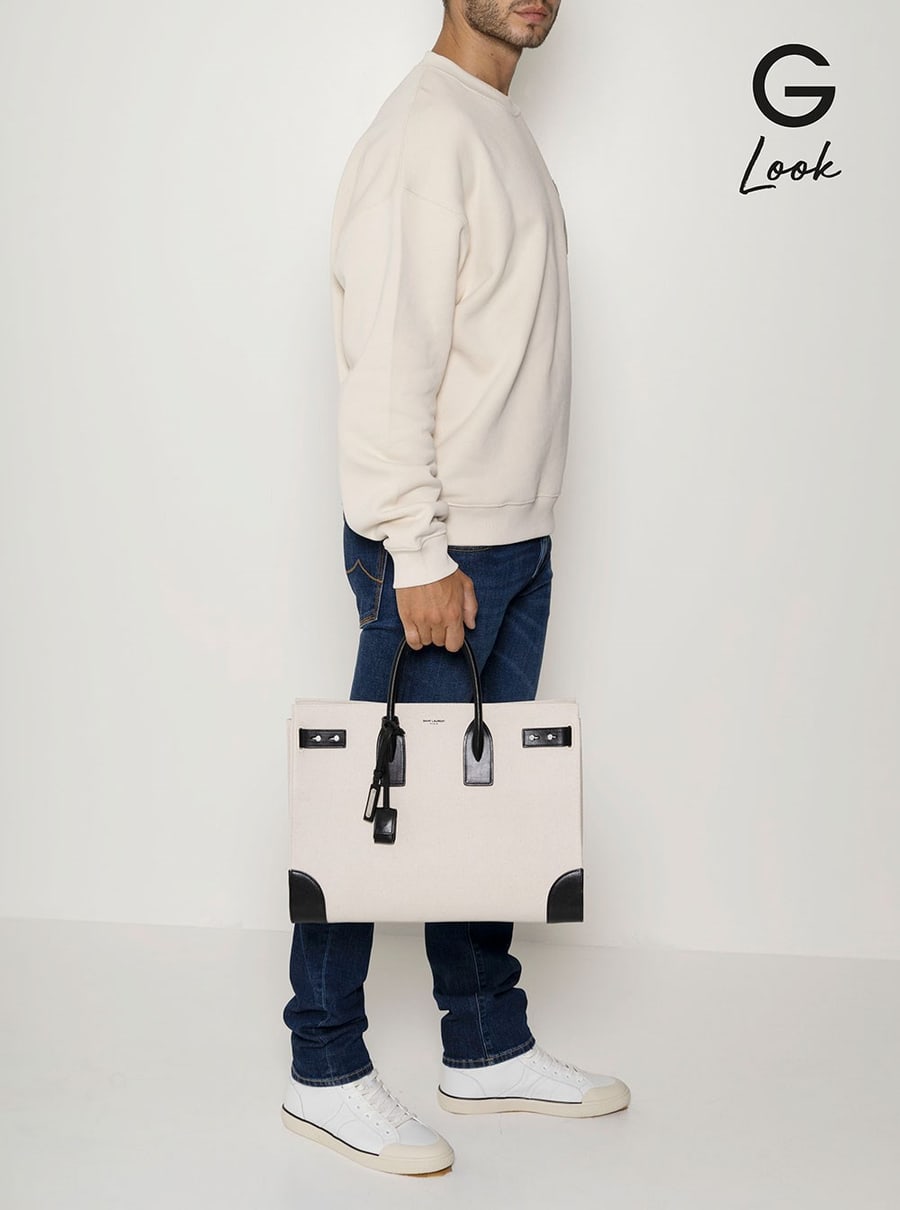 Saint Laurent Borsa Tote 'Sac de Jour L' con Logo e Lucchetto in Canvas e Pelle Beige Uomo, view 5