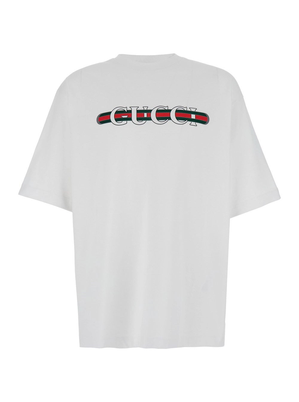 Gucci T-Shirt Girocollo con Stampa Gucci e Web in Cotone Bianco Uomo