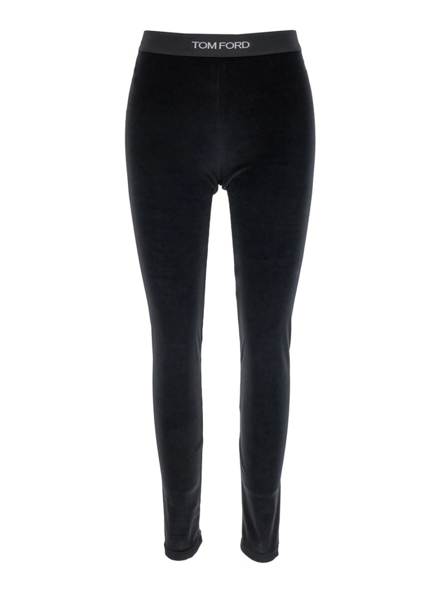 Tom Ford Leggings con Vita Elasticizzata con Logo Lettering in Velluto Neri Donna