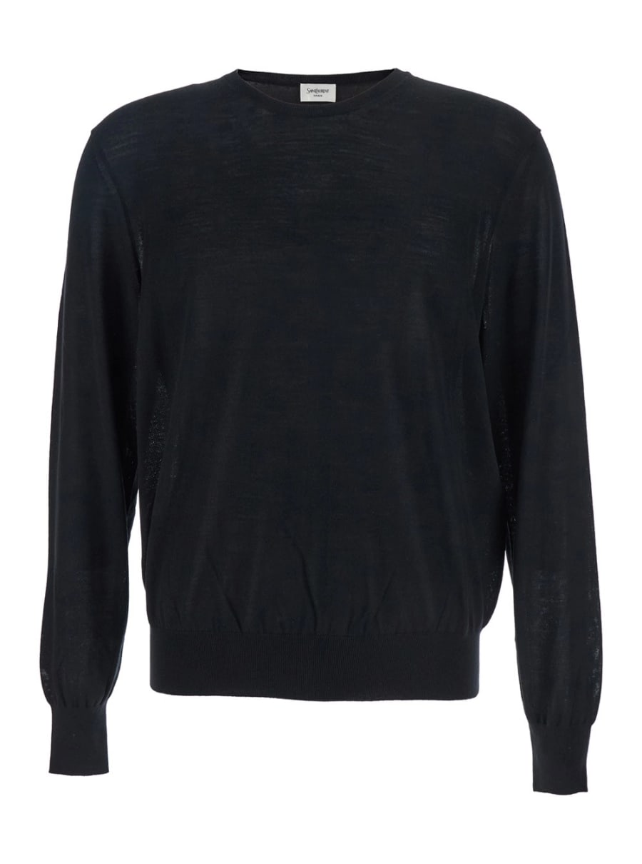 Saint Laurent Maglione Girocollo con Cassandre in Cashmere Nero Uomo