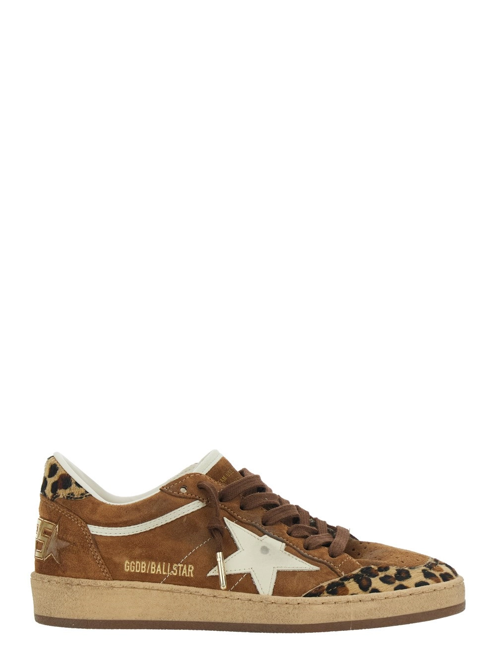 Golden Goose Sneaker 'Ballstar' Low Top con Patch a Stella con Glitter e Stampa Animalier in Pelle Scamosciata Marrone Donna