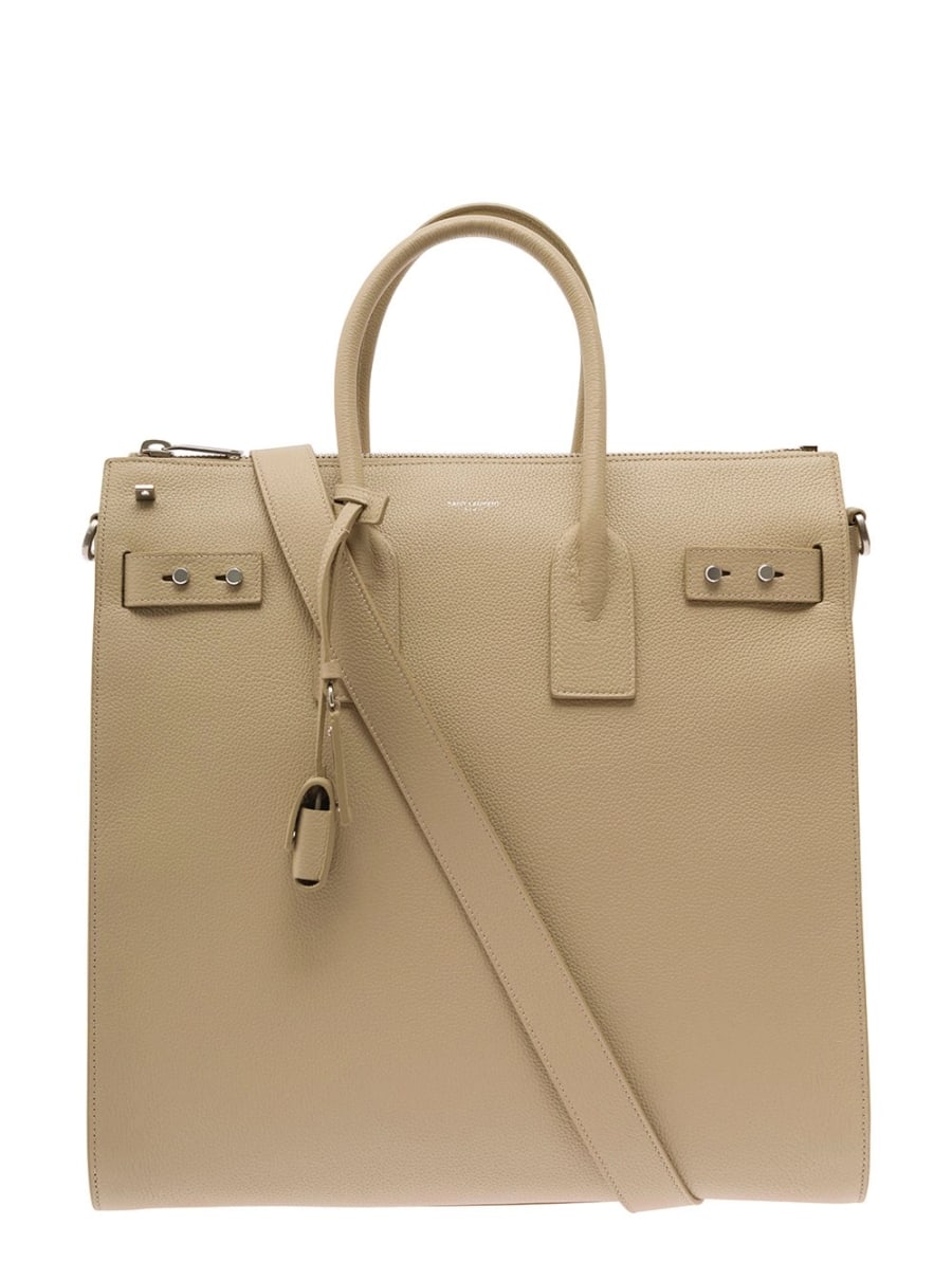 Saint Laurent Borsa Tote 'Sac de Jour' con Logo Goffrato in Pelle Martellata Beige Uomo