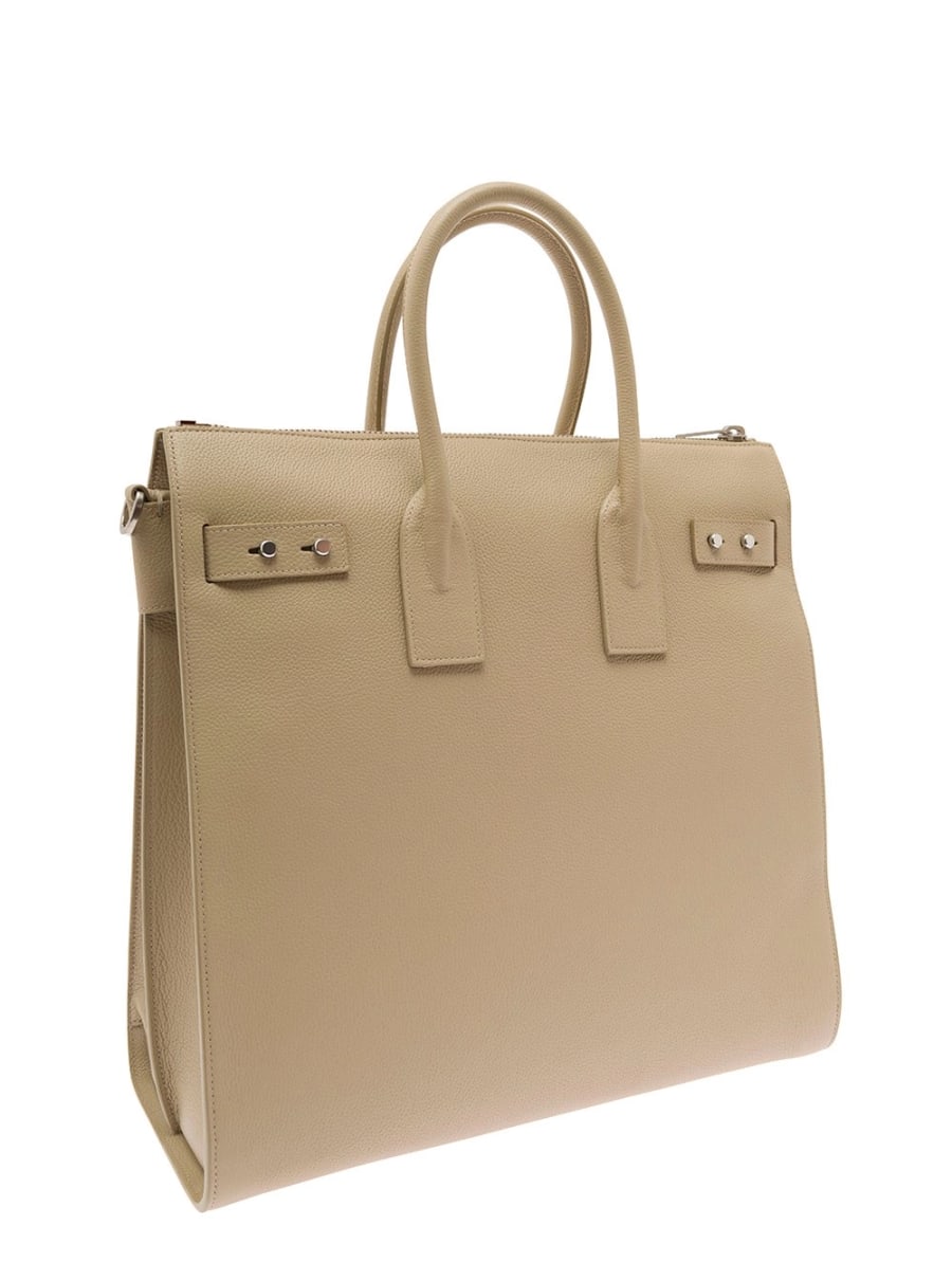 Saint Laurent Borsa Tote 'Sac de Jour' con Logo Goffrato in Pelle Martellata Beige Uomo, view 2