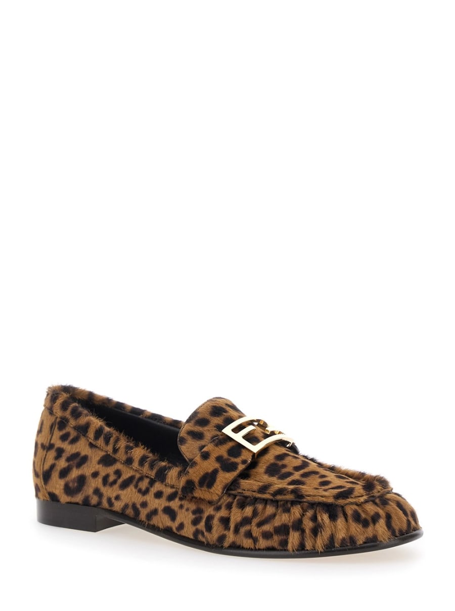 Fendi Mocassini con Placca FF sul Fronte e Motivo Animalier in Pelle Spazzolata Marrone Donna, view 2