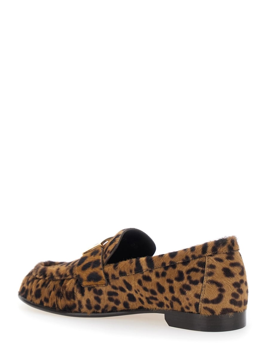 Fendi Mocassini con Placca FF sul Fronte e Motivo Animalier in Pelle Spazzolata Marrone Donna, view 3