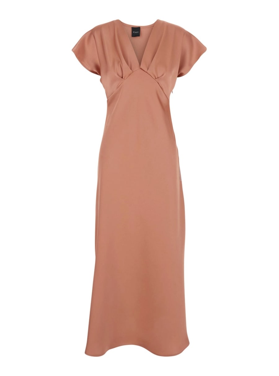 Leplain Abito Lungo con Scollo a V e Ruches sul Fronte in Tessuto Tecnico Rosa Donna