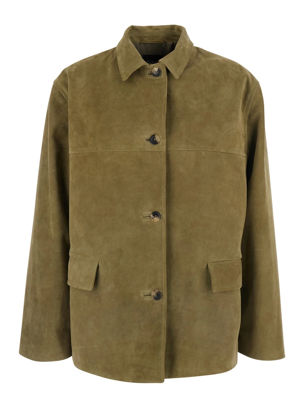 Leplain Giacca con colletto classico e tasche applicate sul fronte in pelle scamosciata verde donna