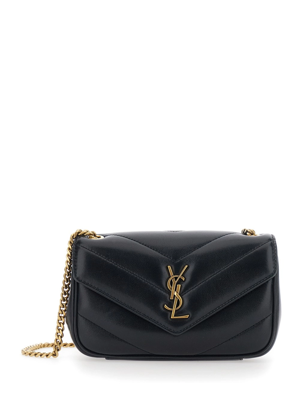 Saint Laurent Borsa a Tracolla 'Loulou' Mini con Placca Cassandre sul Fronte e Tracolla a Catena in Pelle Nera Donna