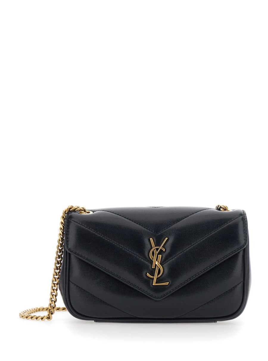 Saint Laurent Borsa a Tracolla 'Loulou' Mini con Placca Cassandre sul Fronte e Tracolla a Catena in Pelle Nera Donna