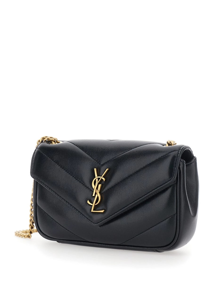 Saint Laurent Borsa a Tracolla 'Loulou' Mini con Placca Cassandre sul Fronte e Tracolla a Catena in Pelle Nera Donna, view 2