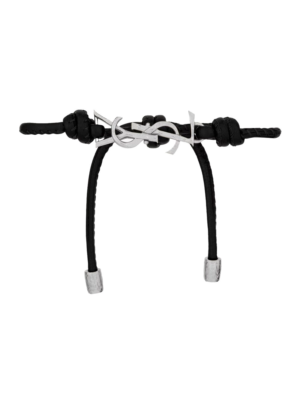 Saint Laurent Bracciale con placca logo Cassandre in metallo argento e chiusura regolabile in pelle nero uomo