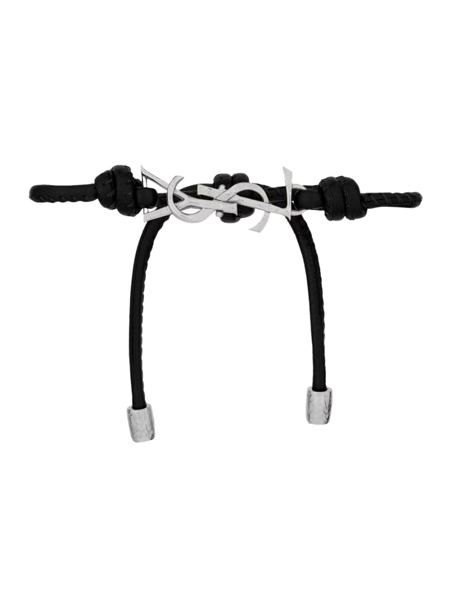 Saint Laurent Bracciale con placca logo Cassandre in metallo argento e chiusura regolabile in pelle nero uomo