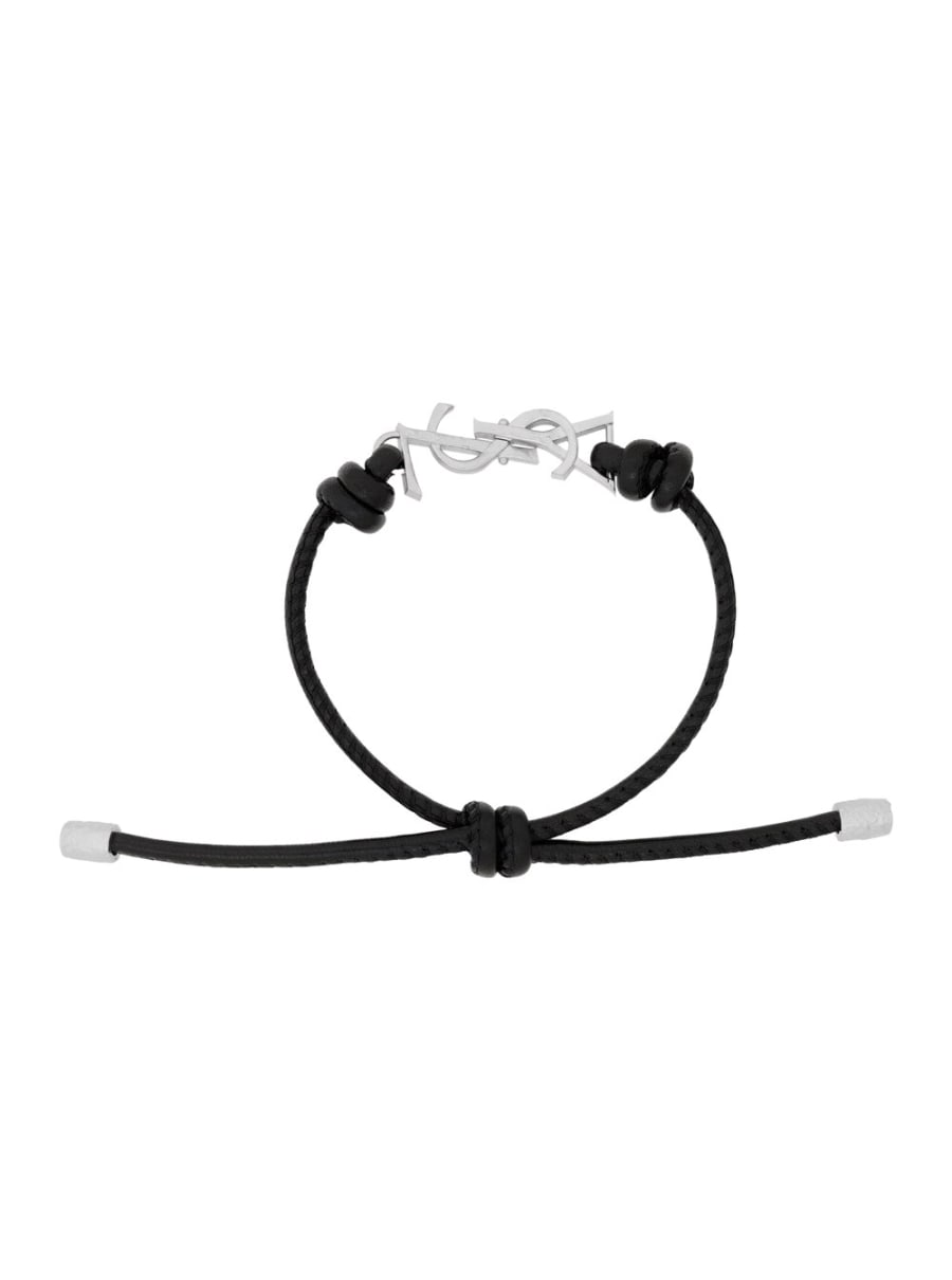 Saint Laurent Bracciale con placca logo Cassandre in metallo argento e chiusura regolabile in pelle nero uomo, view 2