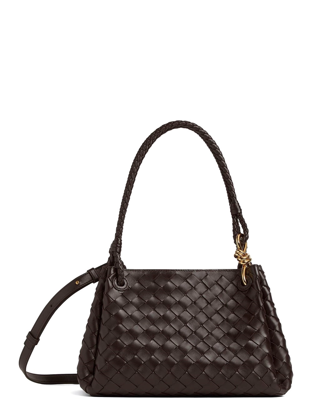 Bottega Veneta Borsa a Spalla 'Parachutte' con Dettaglio Knot e Motivo Intrecciato in Pelle Marrone Donna