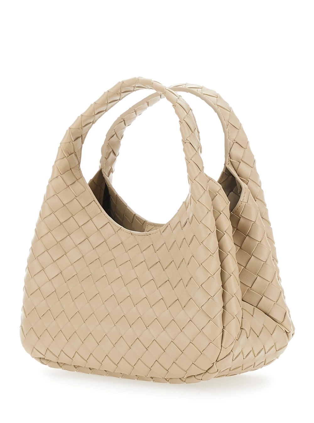 Bottega Veneta Borsa a Spalla 'Campana' Piccola con Chiusura con Laccio e Motivo Intrecciato in Pelle Beige Donna, view 2