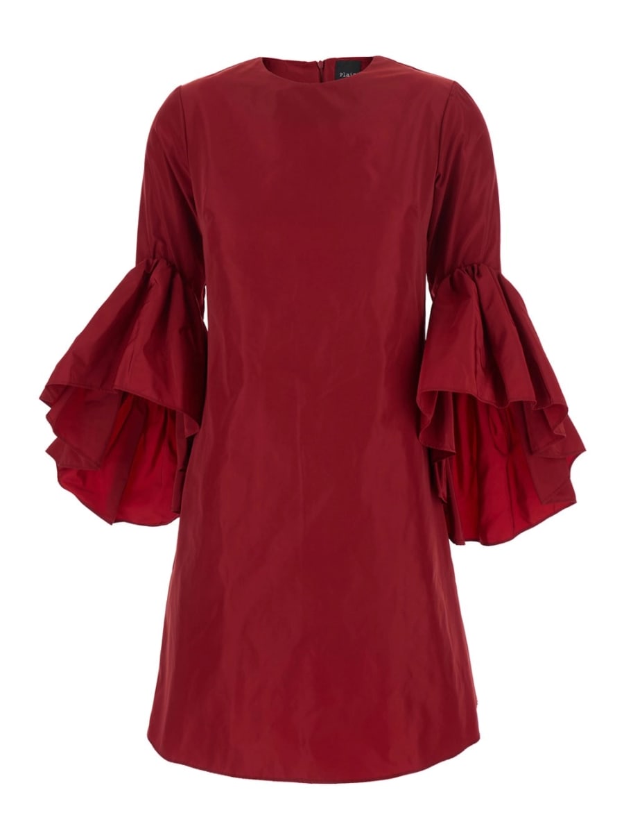 Leplain Abito Girocollo con Maniche Svasate Drappeggiate in Misto Seta Rosso Donna