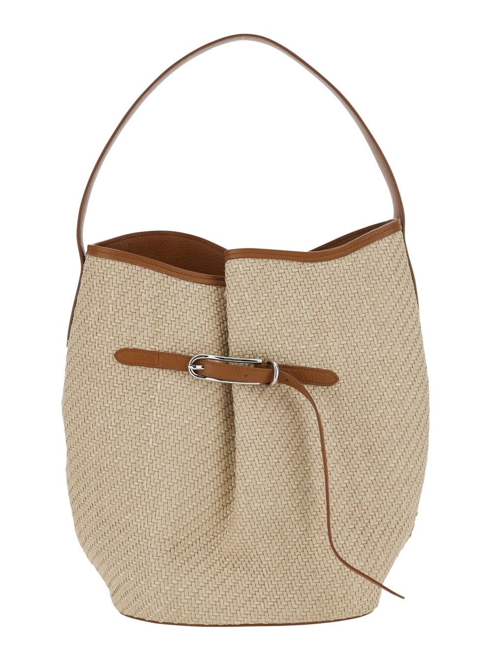 Liffner Borsa a Spalla 'Belted Bucket Bag Raffia Large' Beige con Manico in Raffia e Dettaglio Cintura in Viscosa e Cotone Donna