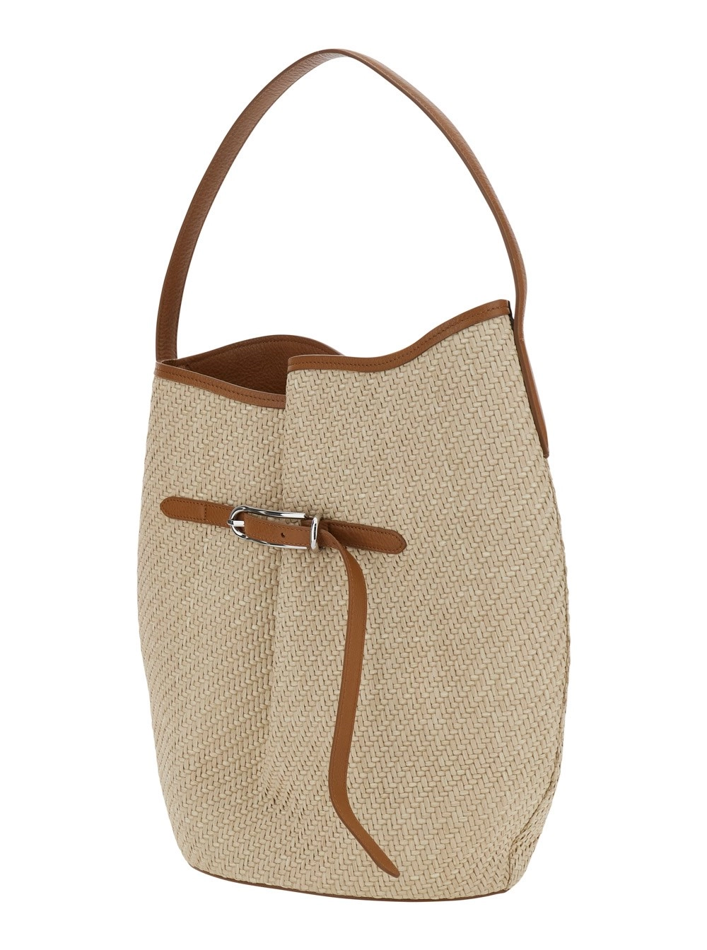 Liffner Borsa a Spalla 'Belted Bucket Bag Raffia Large' Beige con Manico in Raffia e Dettaglio Cintura in Viscosa e Cotone Donna, view 2