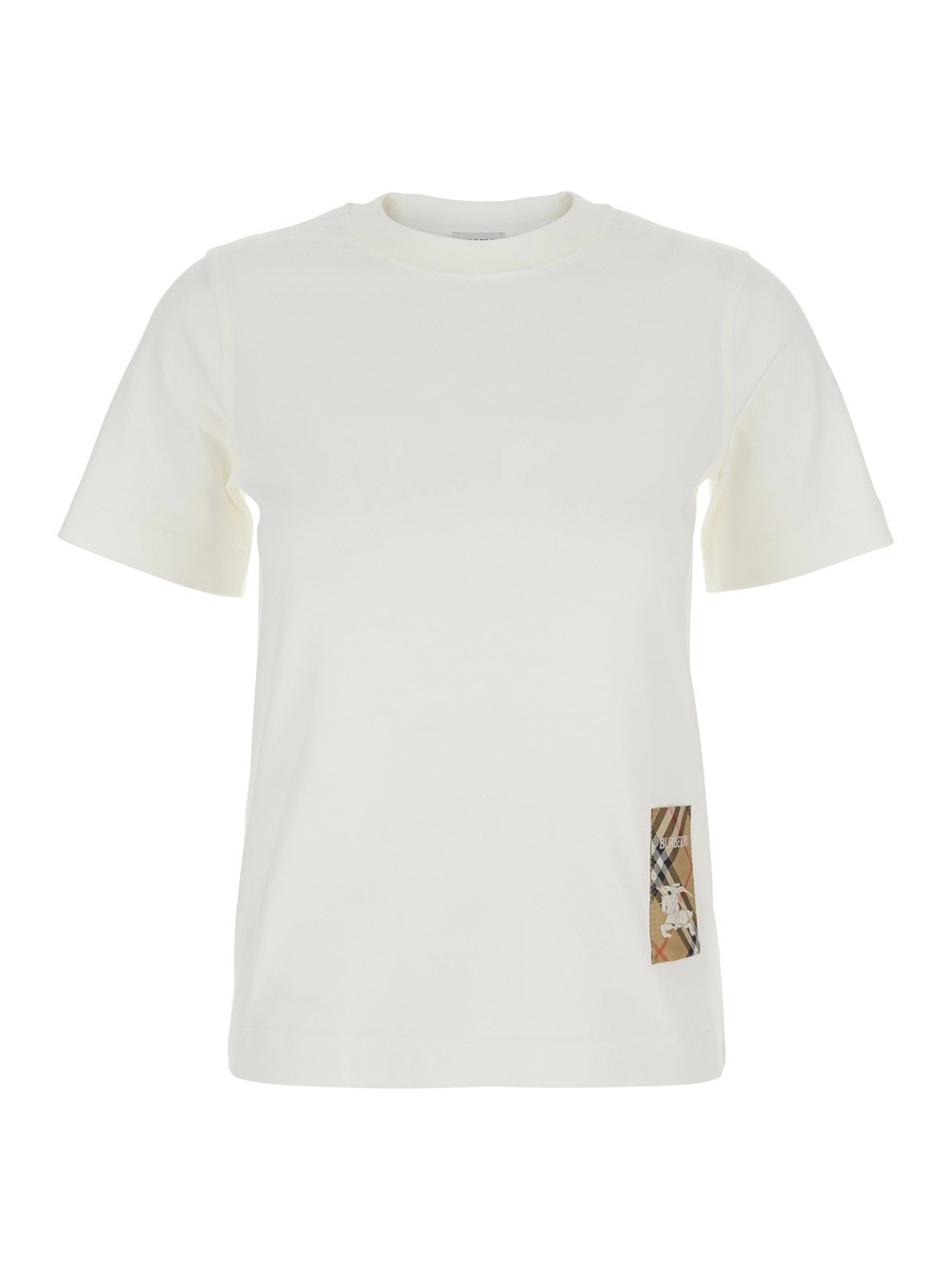 Burberry T-Shirt con Patch Logo con Motivo Check sul Fronte in Cotone Bianca Donna