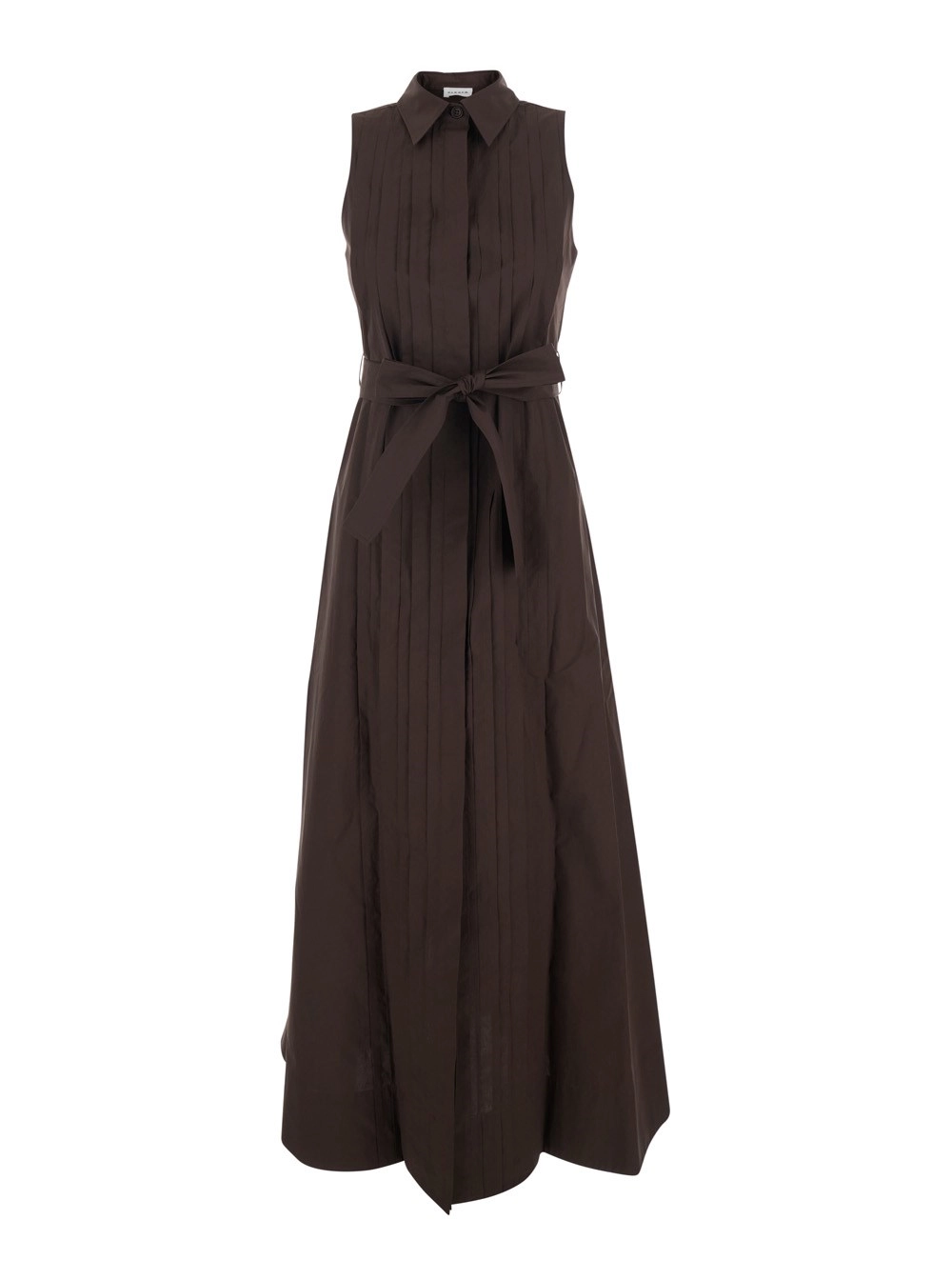 P.A.R.O.S.H. Abito Lungo Smanicato con Cintura sul Fronte e Colletto Classico in Cotone Marrone Donna