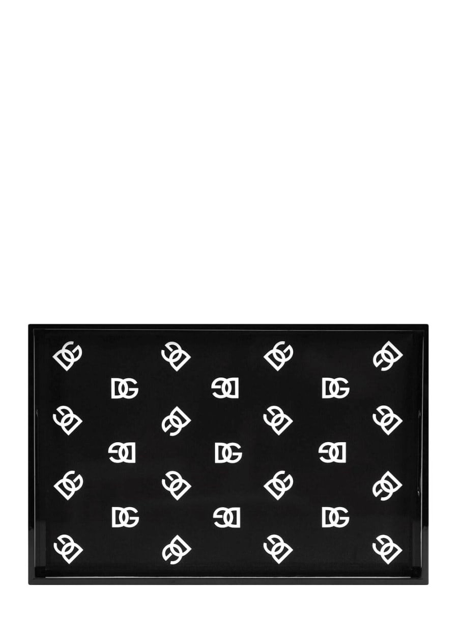 Dolce & gabbana casa Vassoio Rettangolare con Stampa Logo All-Over in Legno Laccato Nero e Nero Unisex