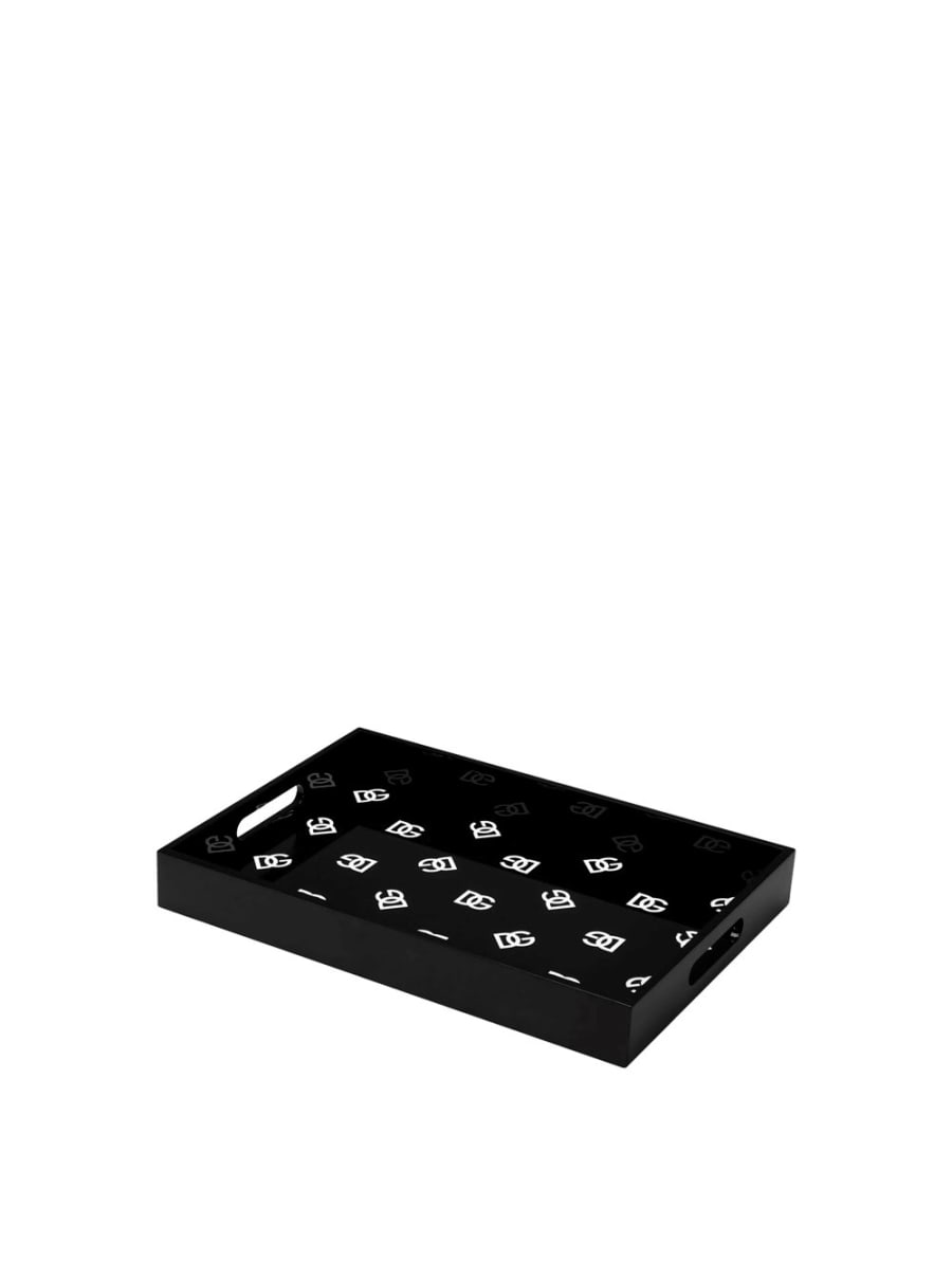 Dolce & gabbana casa Vassoio Rettangolare con Stampa Logo All-Over in Legno Laccato Nero e Nero Unisex, view 3