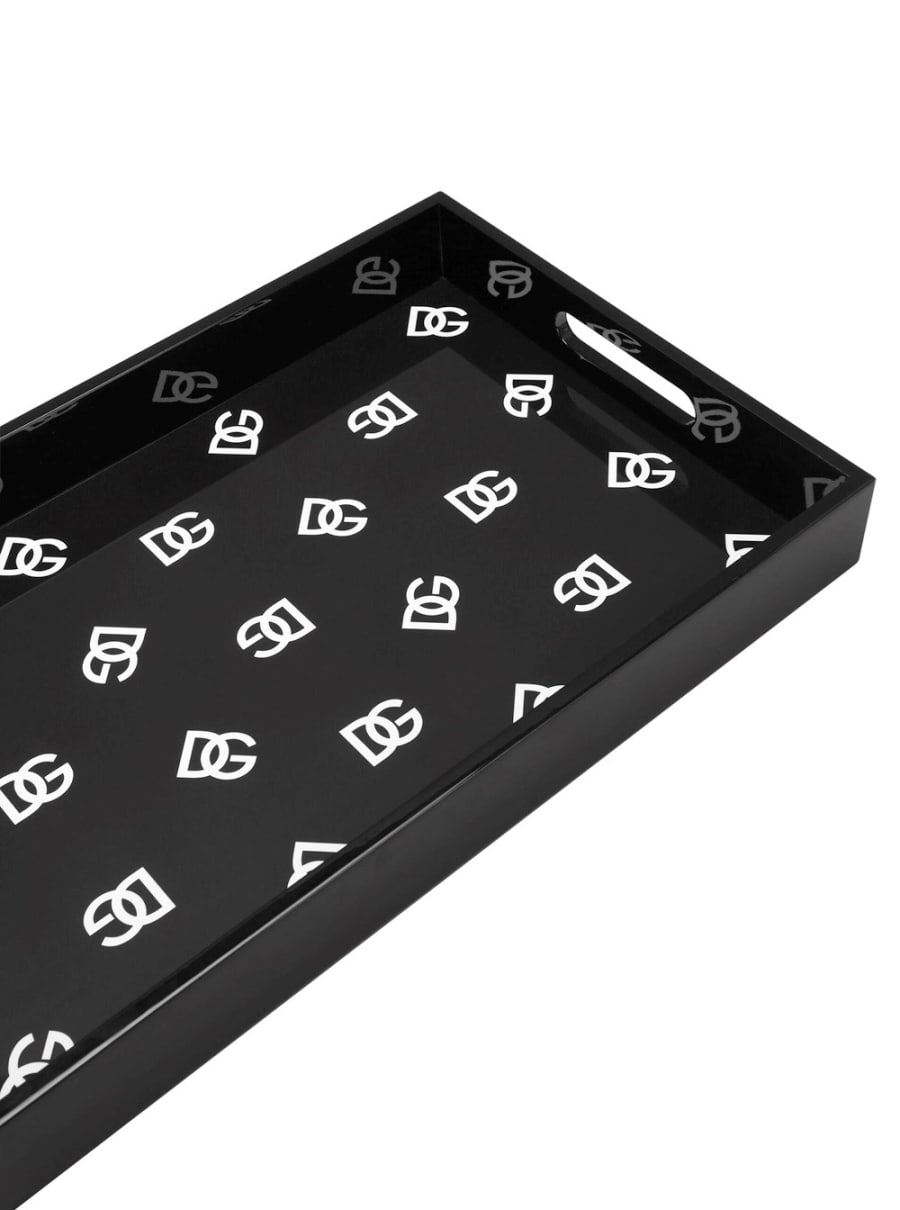 Dolce & gabbana casa Vassoio Rettangolare con Stampa Logo All-Over in Legno Laccato Nero e Nero Unisex, view 4