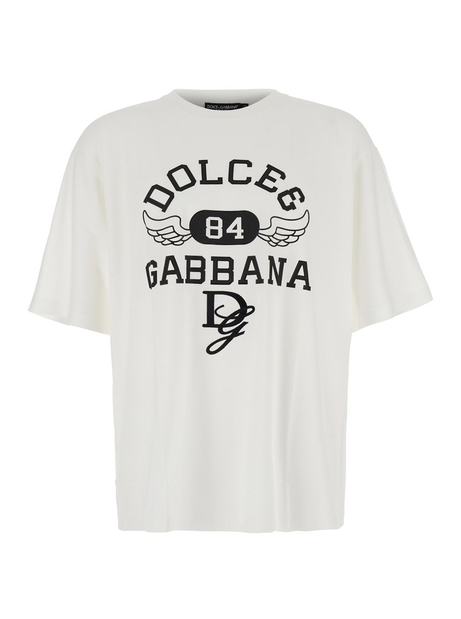 Dolce & Gabbana T-Shirt Oversize con Maxi Logo sul Fronte in Cotone Bianca Uomo