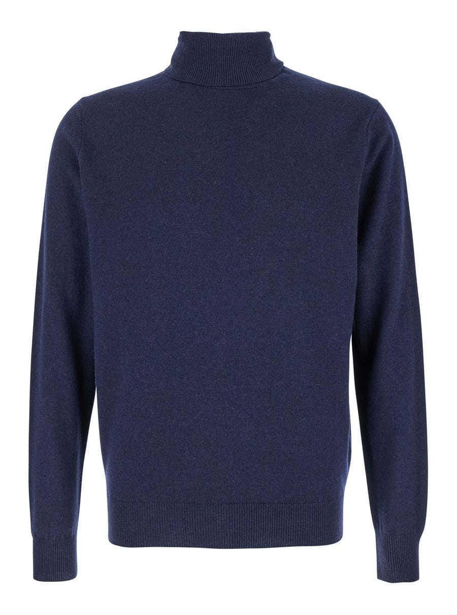 Leplain Maglia a Collo Alto con maniche lunghe in misto lana merino e seta blu uomo