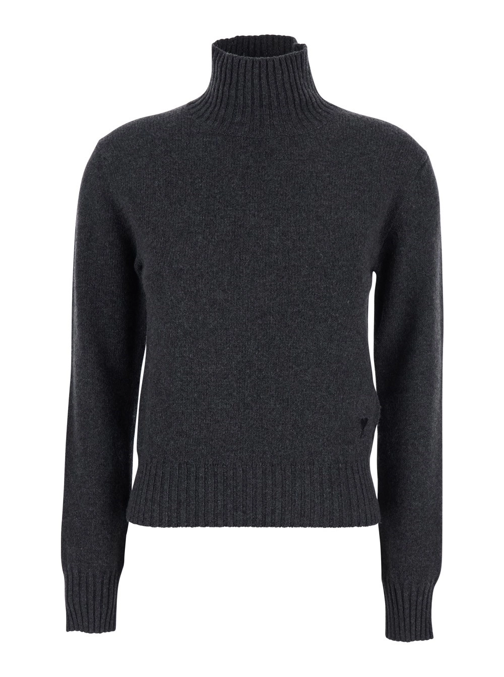 AMI Paris Maglione a Collo Alto con Rifiniture a Coste in Cashmere Grigio Donna