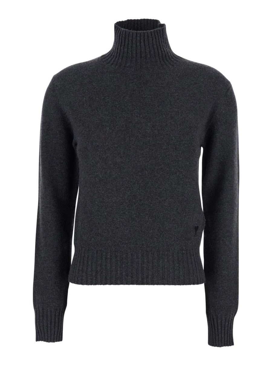 AMI Paris Maglione a Collo Alto con Rifiniture a Coste in Cashmere Grigio Donna