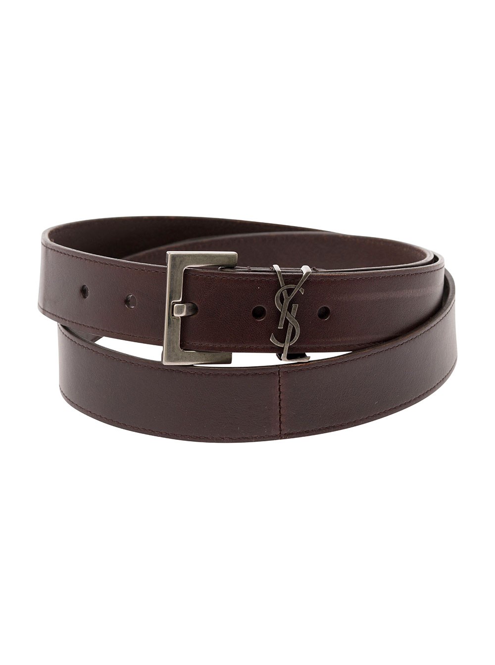 Saint Laurent Cintura 'Cassandre' con Dettaglio Logo in Pelle Marrone Uomo