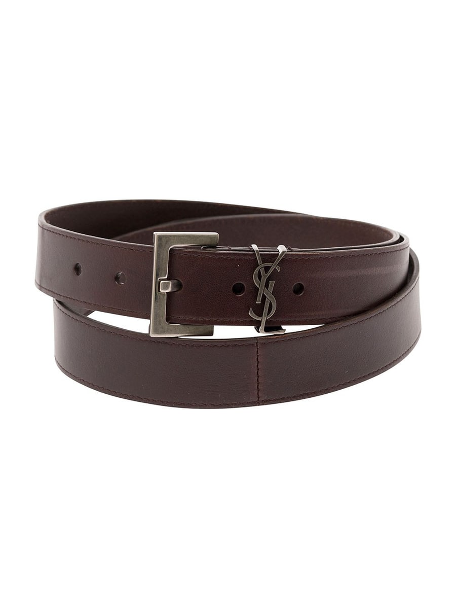 Saint Laurent Cintura 'Cassandre' con Dettaglio Logo in Pelle Marrone Uomo
