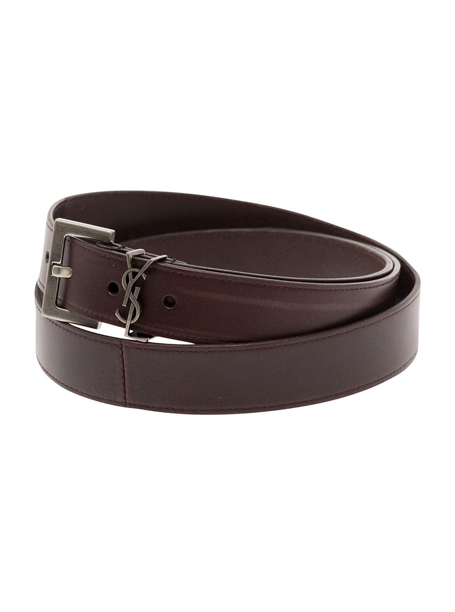 Saint Laurent Cintura 'Cassandre' con Dettaglio Logo in Pelle Marrone Uomo, view 2