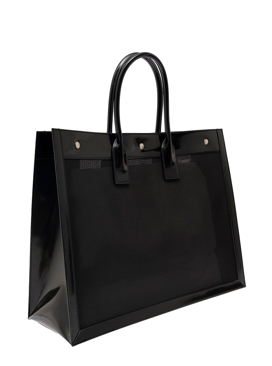 Saint Laurent Borsa Tote con Logo Rive Gauche Tono su Tono in Raphia Nera Donna, view 2