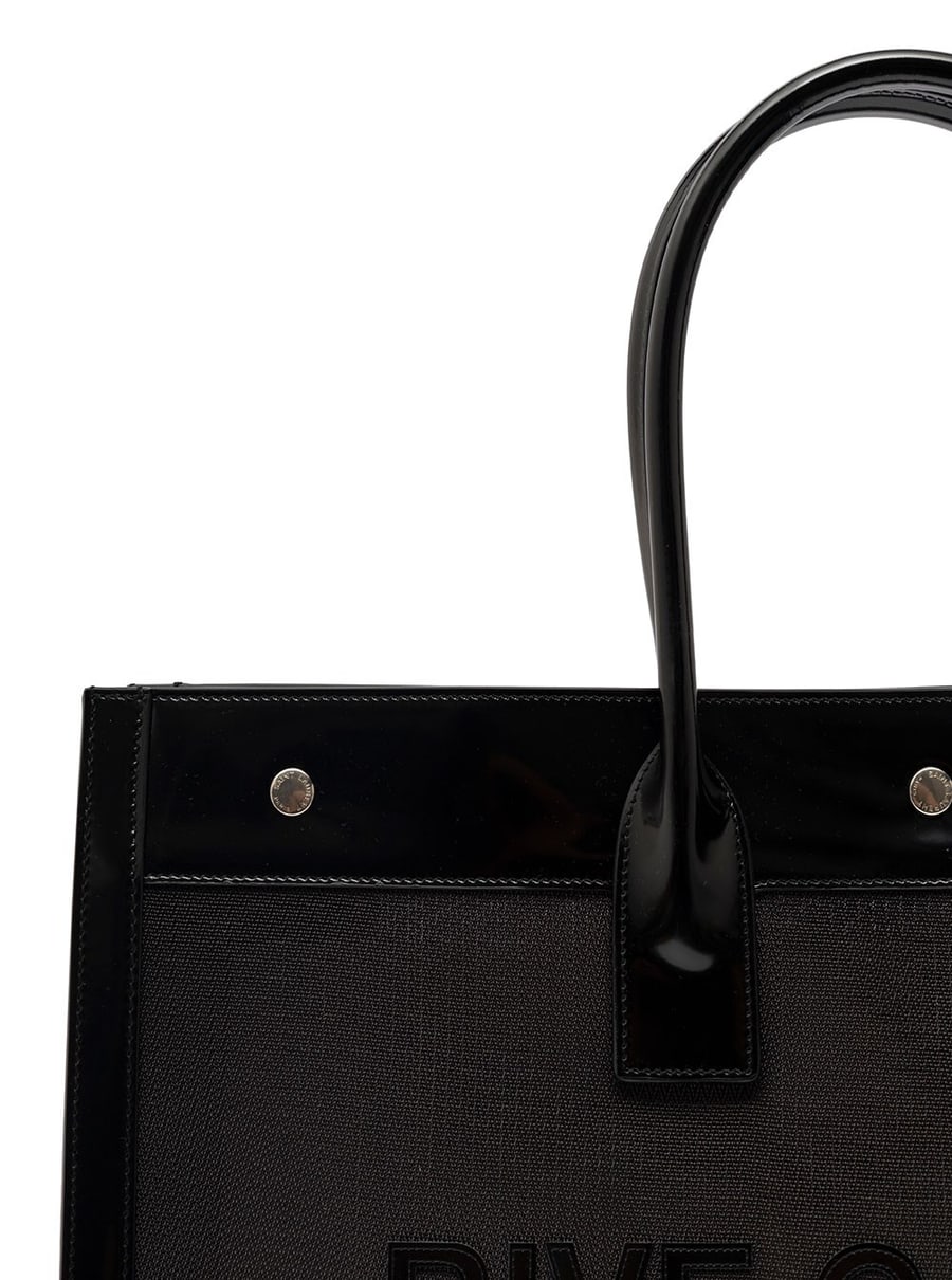 Saint Laurent Borsa Tote con Logo Rive Gauche Tono su Tono in Raphia Nera Donna, view 3
