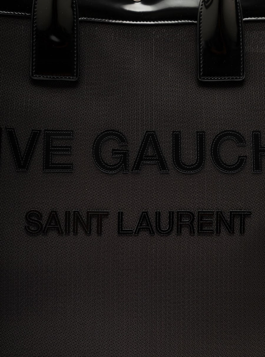 Saint Laurent Borsa Tote con Logo Rive Gauche Tono su Tono in Raphia Nera Donna, view 4